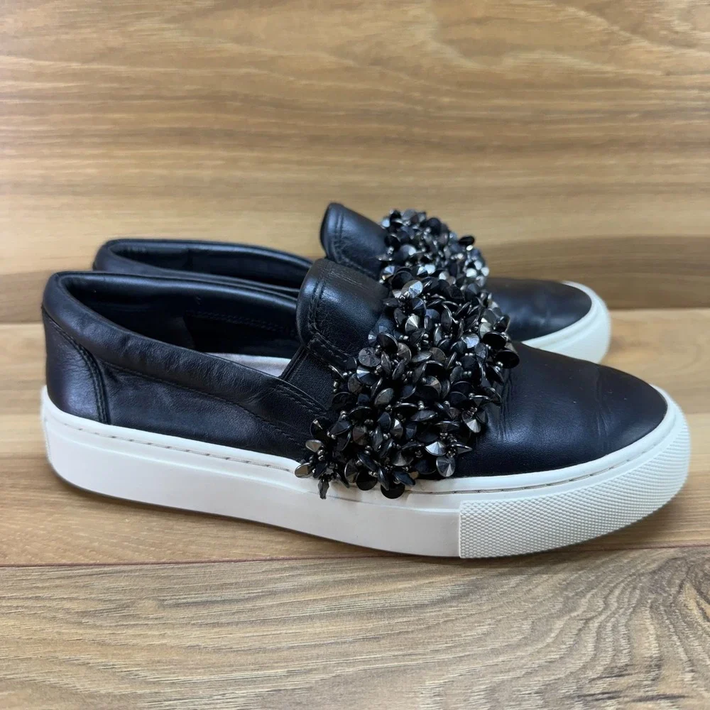Tory Burch Logan Embellished Slip On 5 M Black Leather Beaded Pewter Casual Walk